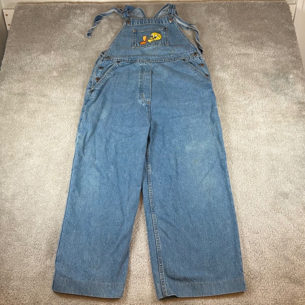 Vintage 90s Looney Tunes Overalls Women 16 1/2 Blue Denim Tweety Bird Wide Leg